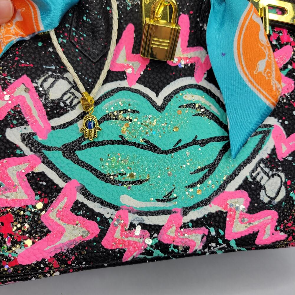 NEW Anca Barbu Green Lips Tote Electric Handbag Purse Handpainted - Picture 2 of 14